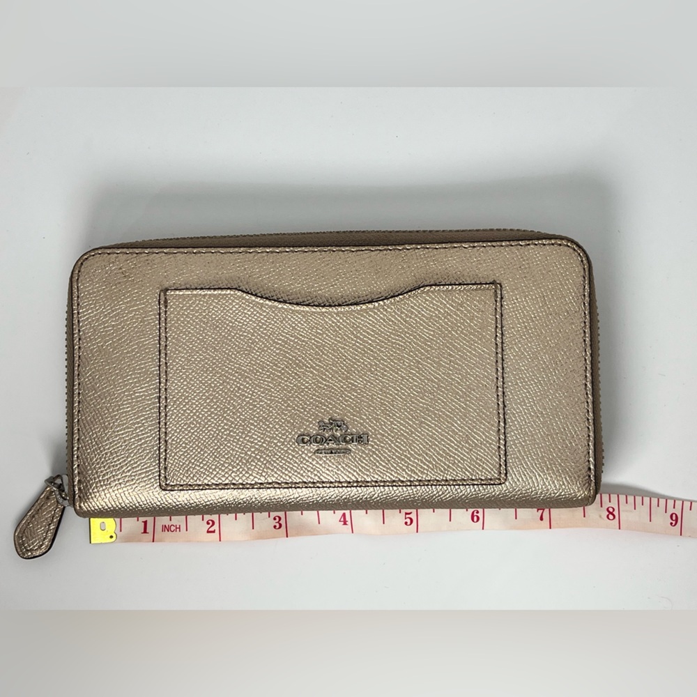 Coach Metallic Gold Beige Pebbled Leather Women's Wallet Double Zip Wallet - Picture 3 of 6